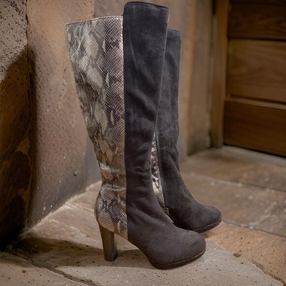 Boots, knee high, vegan suede and python, Sz 10, as new condition - Picture 1 of 16